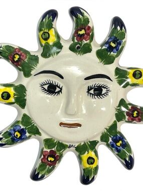Vintage 1990s Talavera Sun Face Folk Art Signed BAC Mexican Wall Hanging Pottery